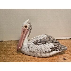 Hand Carved Hand Painted Wood Pelican Figurine Bird 4"x 2"